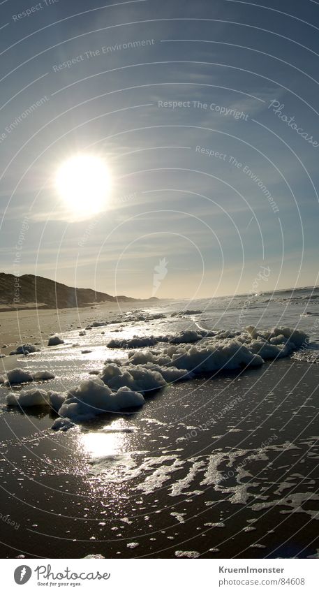 Sunny Beach Plagues Clouds Sky Blue sky Empty Deserted Relaxation Foam Foam mountain Ocean Sea water Reflection Mirror Sun's reflection Hill Sylt Joint Waves