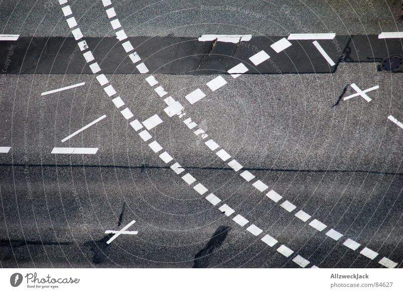 StVO pattern Urban traffic regulations Road traffic Bird's-eye view Town Turn off Cycle path Empty Crossroads Lane markings Gray Asphalt Transport Freeway