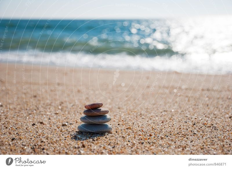 Stack of stones Wellness Harmonious Relaxation Meditation Spa Summer Beach Ocean Nature Sky Horizon Rock Coast Stone Natural Blue Black White Colour Arrangement