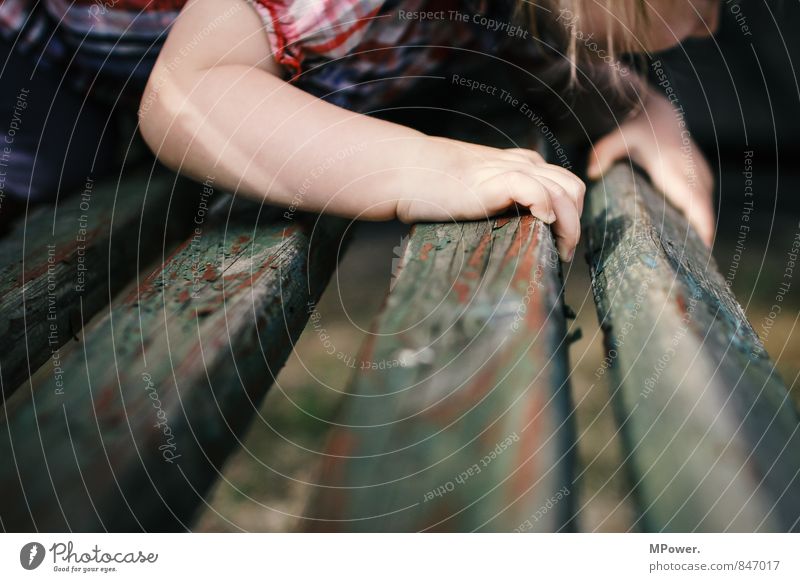 New ways Human being Child Toddler 1 Think Discover Hang Crouch Study Bench Wood Old Hand Fingers Above Colour photo Exterior shot Detail Copy Space bottom