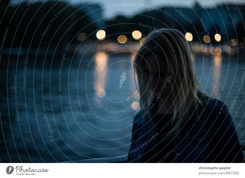 feeling blue City trip Young woman Youth (Young adults) Woman Adults 1 Human being 18 - 30 years 30 - 45 years Coast Lakeside River bank Spree Berlin Town