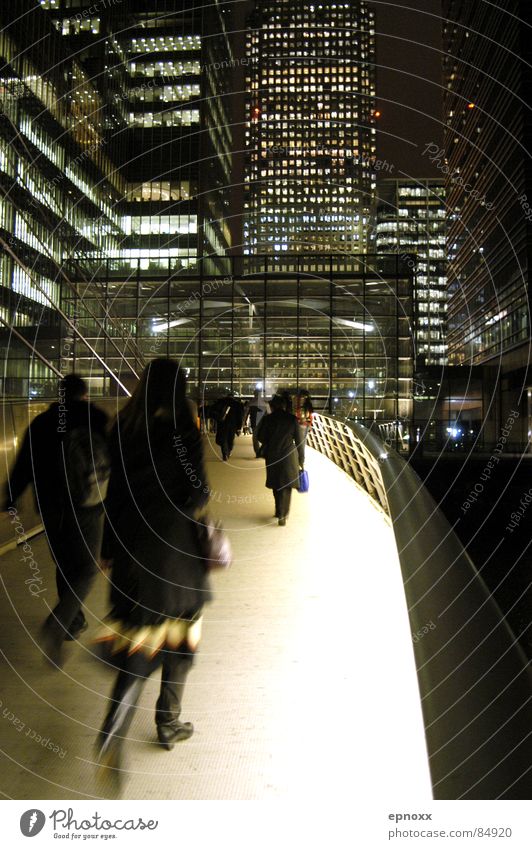 night shift Canary Wharf London Pedestrian High-rise Haste Night Bridge Modern Lighting Movement