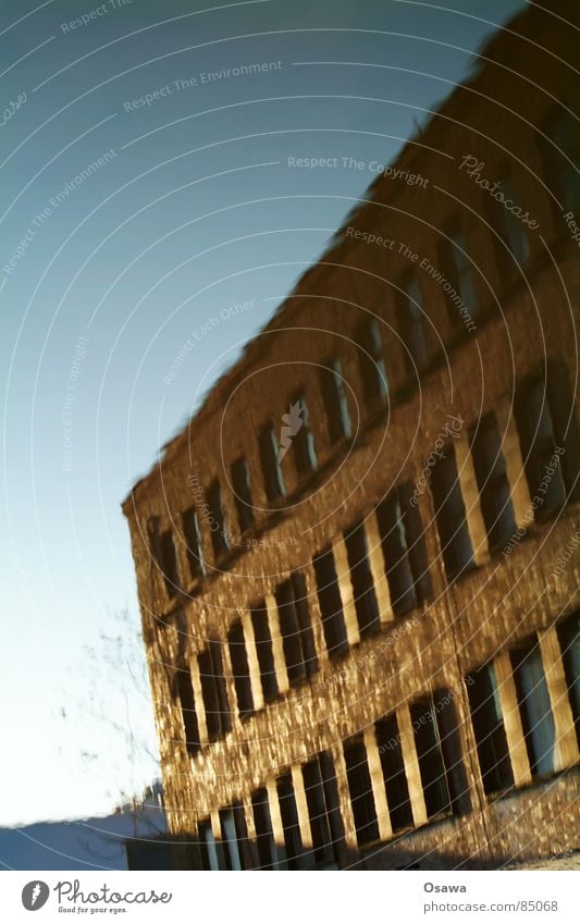 my first puddle picture Industrial plant Puddle Window Facade Grid Sky blue Wall (barrier) Brick House (Residential Structure) Window pane Window board