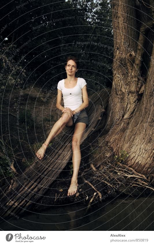 young, slim, long-legged woman sits on a tree trunk on the shore of a lake Trip Young woman Youth (Young adults) Legs Feet Barefoot 18 - 30 years Adults Water