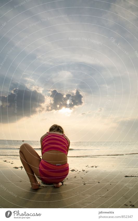 Search for mussels Vacation & Travel Summer Summer vacation Beach Ocean Feminine Girl 1 Human being 8 - 13 years Child Infancy Nature Landscape Sand Sky Clouds