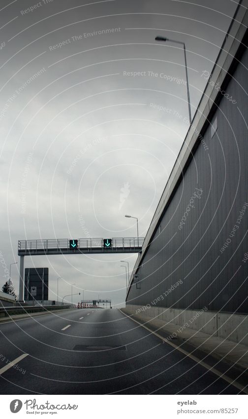 Consequence of coping with the path Road construction Street lighting Highway Crash barrier Tar Steel Right ahead Road sign Street sign Bad weather Motoring