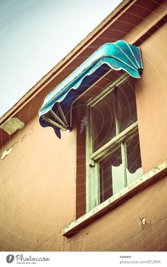 windows Window Turquoise Retro Sunshade Old fashioned Orange View from a window Vantage point Shabby Colour photo Exterior shot Day