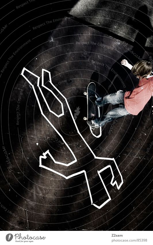 CRIME SCENE - MANUAL Above Discovery site Halfpipe Crime scene Death Striped Skateboarding Style Ramp Wood Bordered Easygoing Trick Jump Action Sports Heelflip