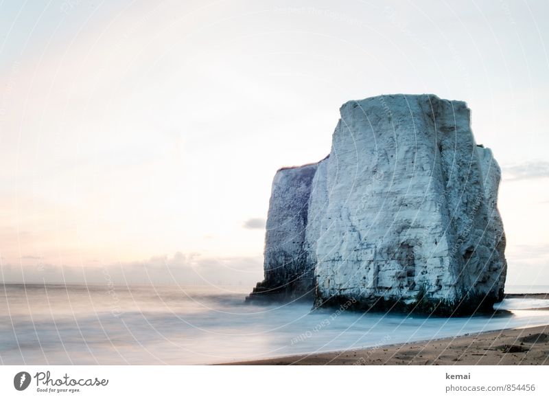 Water flurry Environment Nature Landscape Elements Sky Clouds Sunrise Sunset Summer Beautiful weather Rock Waves Coast Beach North Sea Ocean Botany Bay England