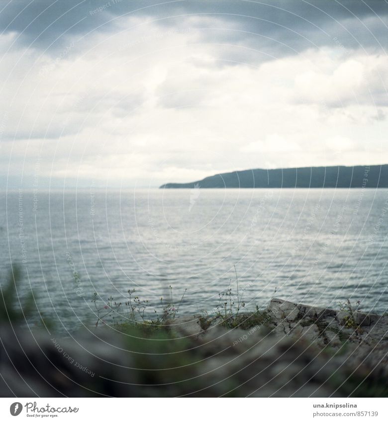 cloudy day at the sea Landscape Elements Clouds Bad weather Grass Rock Coast Ocean Adriatic Sea Island Cres Istria Croatia Dark Far-off places Infinity Idyll