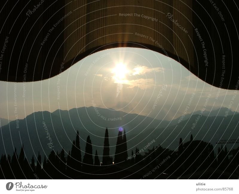 waves Stone pine Back-light Round Evening sun Glittering Summer Gray Black Lake Garda Canopy Sun blind grey zone Mountain Sky Point Dusk