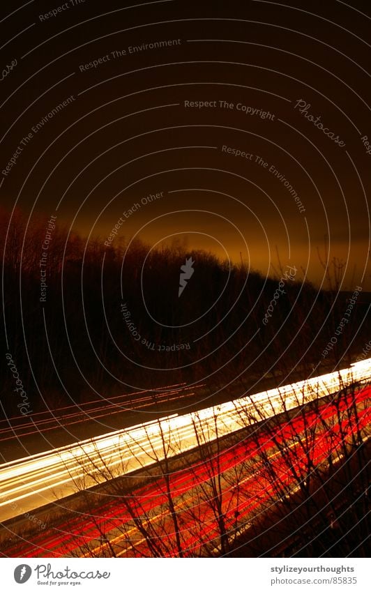 Road to nowhere Highway Driving Long exposure Lamp Red Stripe Traffic infrastructure road Car Light trees Branch drive Street