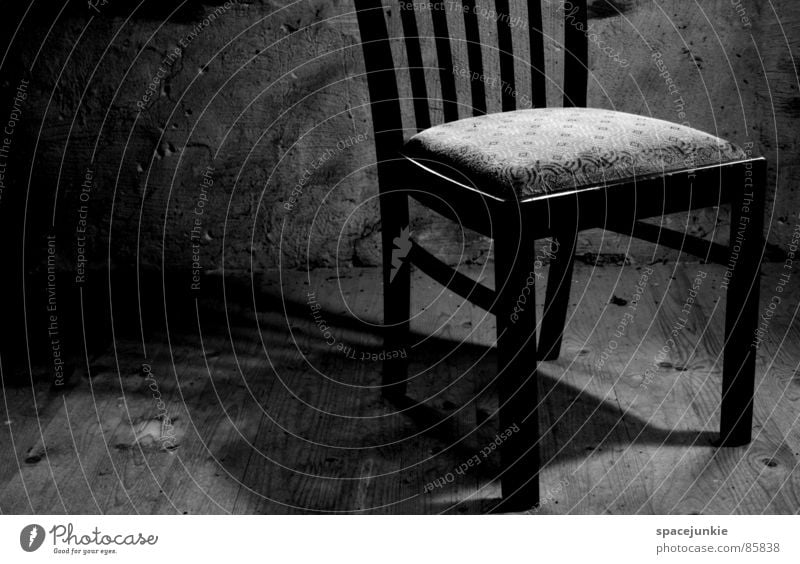 solitary Attic Wall (barrier) Rustic Loneliness Cold Pattern Darken Rural Grief Distress Chair Shadow Hallway Black & white photo Lighting Floor covering