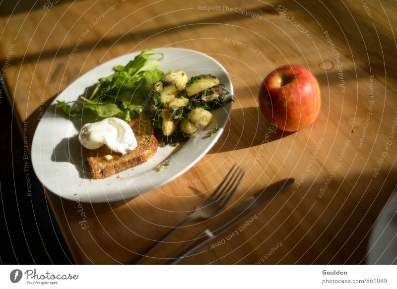 first breakfast Food Vegetable Lettuce Salad Apple Bread Herbs and spices Breakfast Vegetarian diet Cutlery Life Living or residing Table Wood Eating Appetite