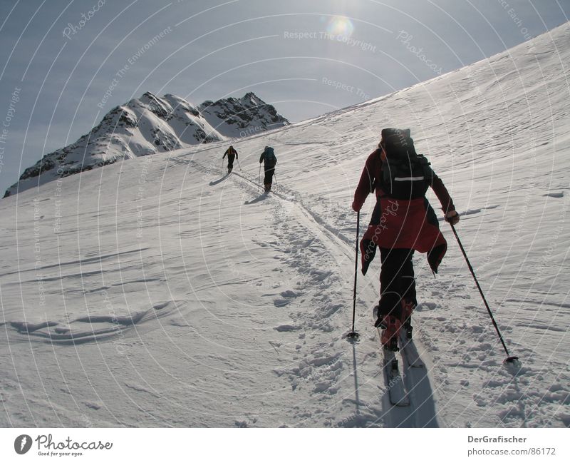 loner Winter Altitude rush Hiking Sunlight Winter sports Ski tour Sports Snow Mountain Glacier Ice Frost Skiing Skis Individual Gap Loneliness Far-off places