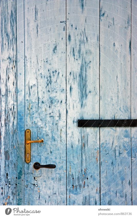 entrance Door Door opener Door lock Wood Blue Living or residing Old Colour photo Exterior shot Pattern Structures and shapes Copy Space top Copy Space middle