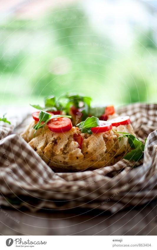 tomato, rocket salad Dough Baked goods Bread Cake Nutrition Lunch Picnic Vegetarian diet Delicious Natural Colour photo Interior shot Close-up Deserted