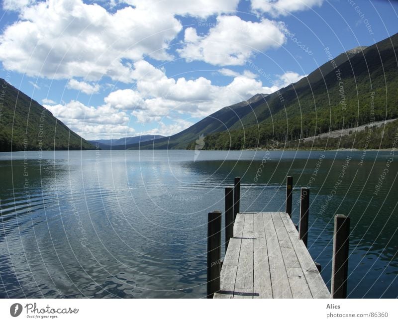 Lake Rotoiti, New Zealand Footbridge Calm Clouds Peace Mountain Water Deep stud bolt Lanes & trails