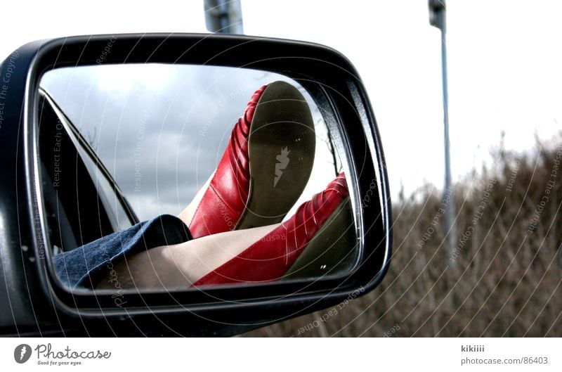 Mirror, mirror... Footwear Red Small Black Summer Hang Window Relaxation Exterior shot Self portrait Joy Boredom Car Freedom Warmth Ballerina