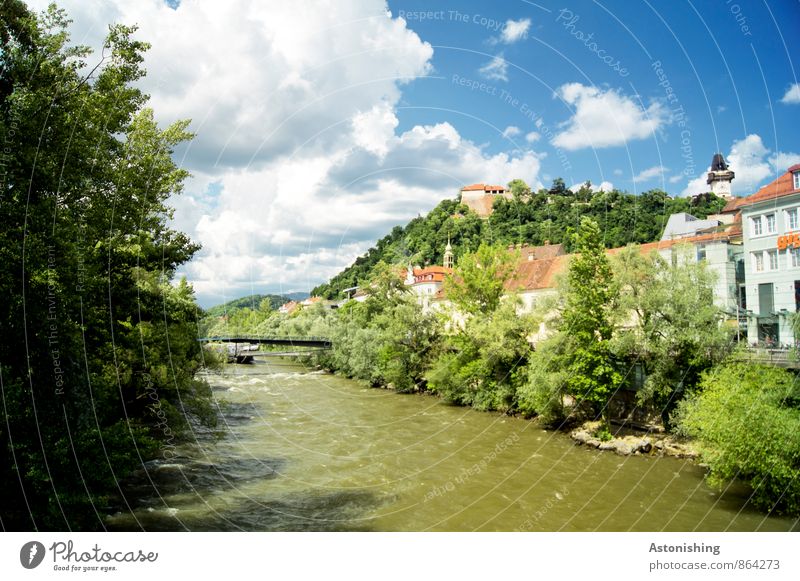 Mur and Schlossberg Graz Environment Nature Landscape Plant Water Sky Clouds Summer Beautiful weather Tree Bushes Foliage plant Park Hill River Mura Austria