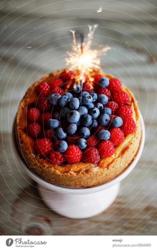 cake Fruit Cake Dessert Berries Nutrition Vegetarian diet Delicious Sweet Gateau Birthday Birthday cake Sparkler Colour photo Interior shot Close-up Deserted