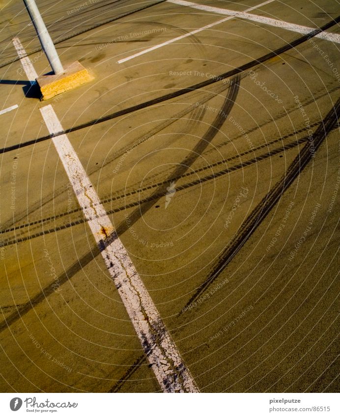 Burnout syndrome 2. Formula 1 Pitstop Ground markings Deserted Muddled Asphalt Skid marks