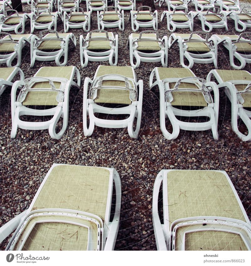 weekend Vacation & Travel Summer vacation Beach Deckchair Stone Old Loneliness Stagnating Tourism Decline Colour photo Subdued colour Exterior shot Deserted Day