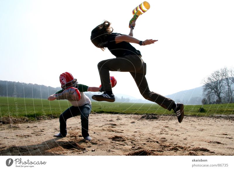 time for a duel Joy Playing Sporting event Hammer Helmet Toys Movement Fight Aggression Funny Anger Power Fear Aggravation War Beat Duel Action Defensive