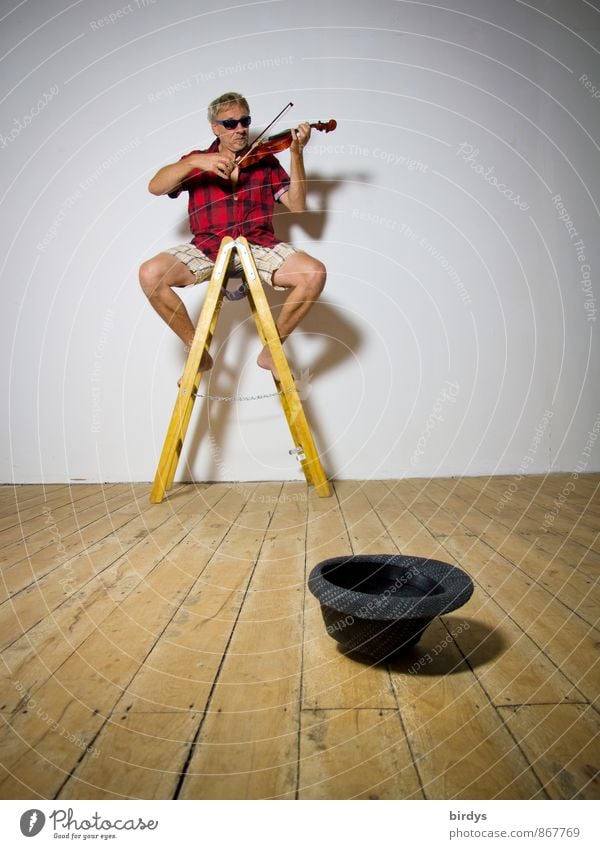 Violin playing street musician on a stepladder and an empty hat. Musician Man Adults 1 Human being 30 - 45 years 45 - 60 years Artist Busker Violinist Shorts