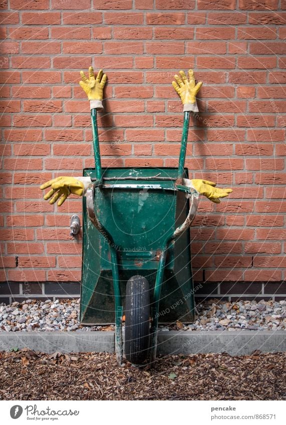 Cross-wise, it's night off! Sculpture Wall (barrier) Wall (building) Sign To enjoy Hang Sleep Wheelbarrow Green Yellow Gardening Gloves Brick Brick wall