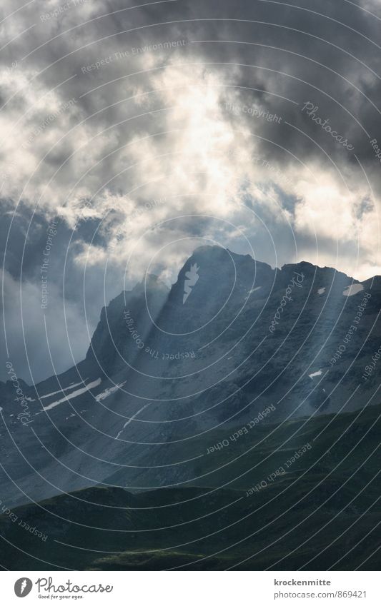 Where legends arise Environment Nature Landscape Elements Sky Clouds Storm clouds Sunlight Hill Rock Alps Mountain Peak Snowcapped peak Illuminate Hiking Blue