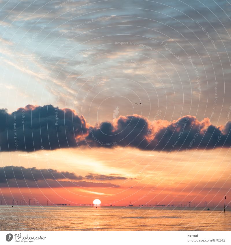 morning rest Environment Nature Landscape Water Sky Clouds Sun Sunrise Sunset Sunlight Summer Beautiful weather Waves Coast North Sea Ocean Moody Contentment