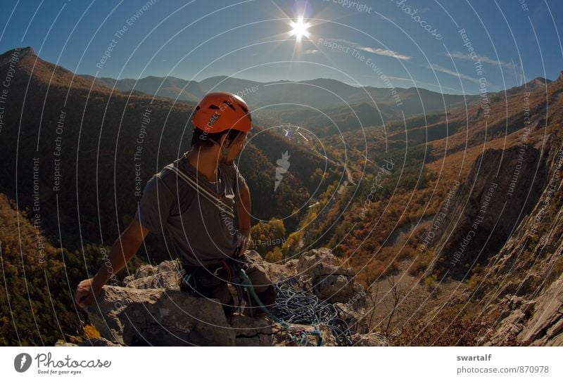 After a hard climbing day Sports Climbing Mountaineering Big wall climbing Man Adults Friendship 1 Human being Nature Landscape Air Sky Sun Autumn Rock Peak