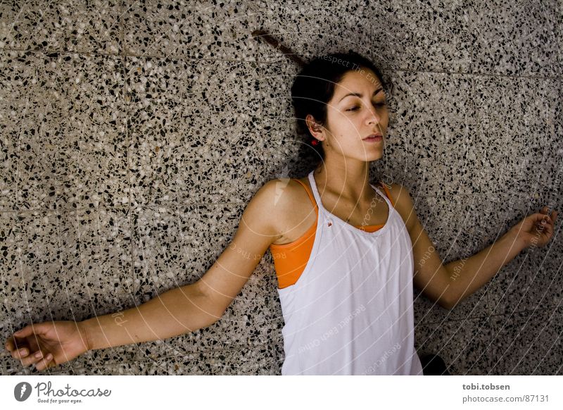 Weightless Woman Weightlessness Portrait photograph Neutral color Wall (barrier) Orange terazzo Skin Floor covering under the skin