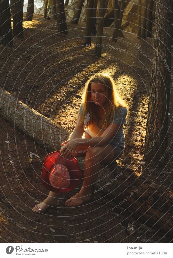 young exhausted woman sits on a tree trunk in the forest Relaxation Calm Vacation & Travel Tourism Trip Adventure Freedom Summer Summer vacation Human being