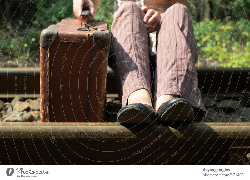 Woman and vintage suitcase on railway road Beautiful Vacation & Travel Tourism Trip Adventure Summer Human being Girl Adults Transport Street Railroad Fashion