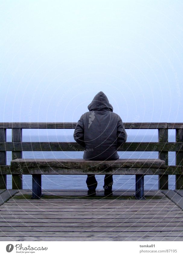 Sea Man Lake Ocean Footbridge Loneliness Calm European Horizon Wood Rügen Autumn Cold Wooden bench Far-off places Exterior shot Beach Coast Sky Bench east sea