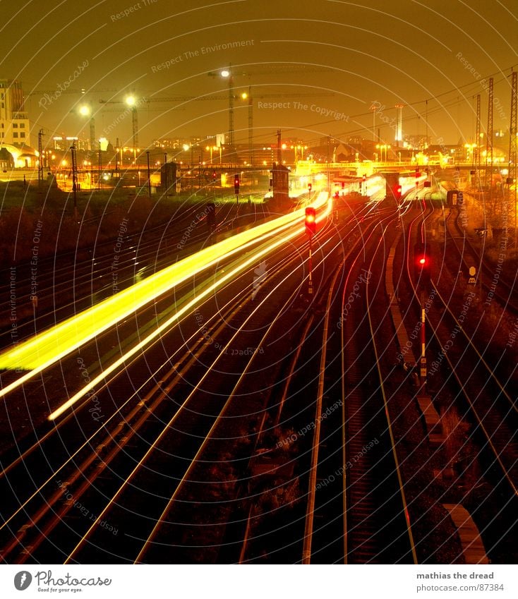 spacetrain Town Commuter trains Railroad tracks Night Light Lamp Dark Crane Construction site Warschauer Straße Station Long exposure Red Platform Downtown