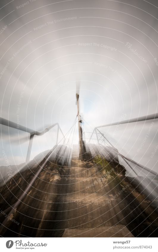 crosswise summit of enlightenment. Sky Clouds Sunlight Weather Rock Mountain Harz Stone Sign Crucifix Peak cross Dark Brown Gray Go up Stairs Handrail