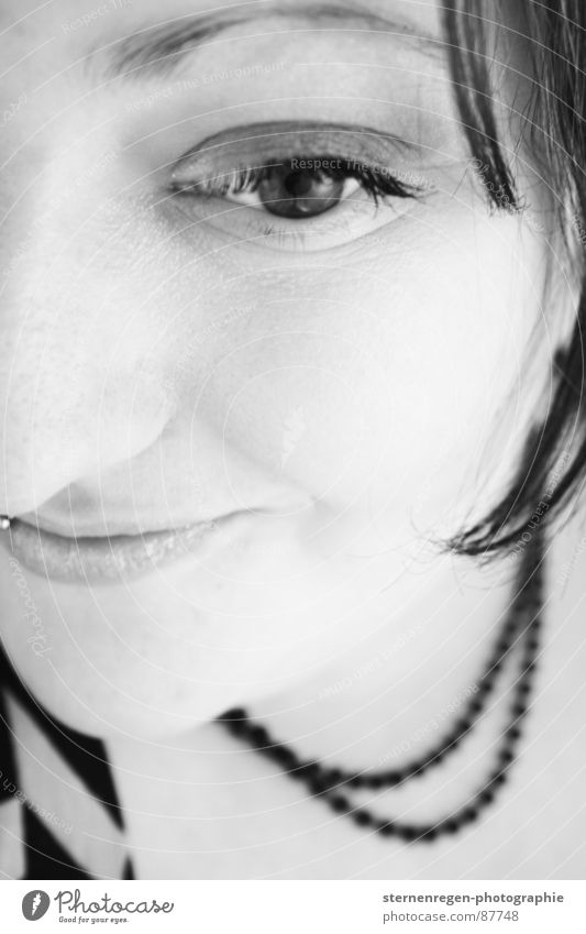 b/w 6 Portrait photograph Woman Piercing Necklace Black & white photo Laughter teenage 20-25 Eyes Saucer-eyed Grinning Emancipation