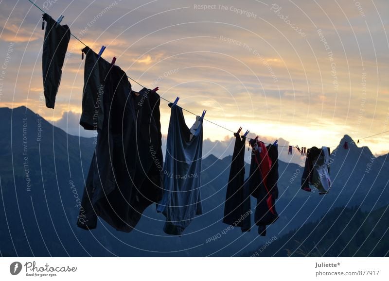 mountains of laundry Hiking Nature Landscape Sky Clouds Night sky Sunrise Sunset Summer Beautiful weather Laundry Clothesline Clothing Clothes peg Adventure