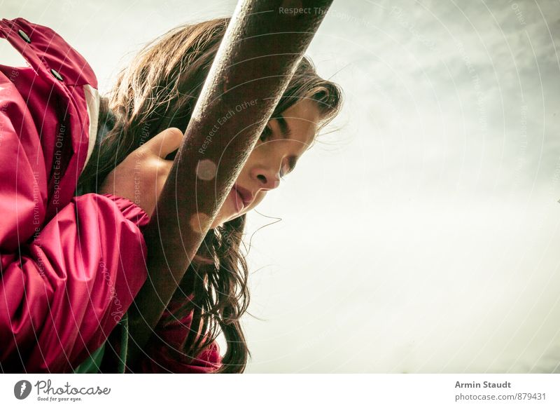 View from the bridge Human being Feminine Woman Adults Youth (Young adults) 1 13 - 18 years Sky Storm clouds Sun Summer Autumn Bad weather Jacket Rain jacket