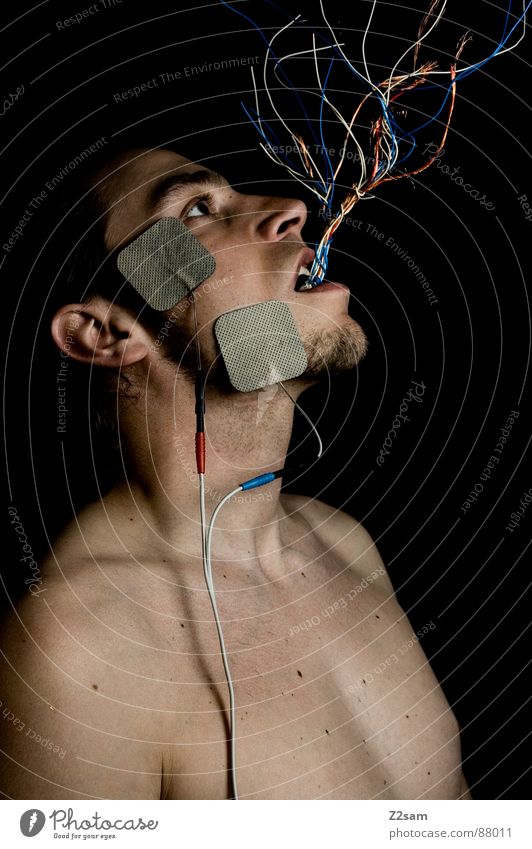 electrified Electric Electronic Artificial intelligence Growth Portrait photograph Black Facial hair Red Green Electrical equipment Wire Machinery Doomed