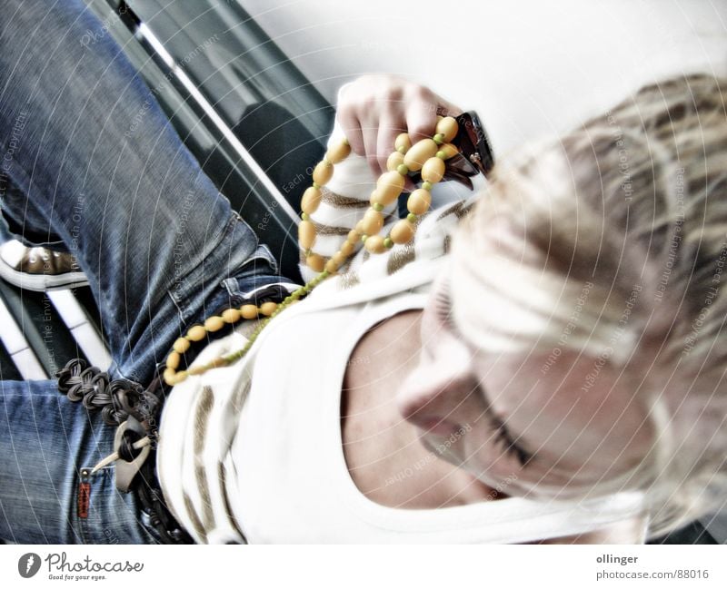 My babe posing Woman Blonde Jewellery Top Bird's-eye view Denim Lady Jeans Necklace Bench