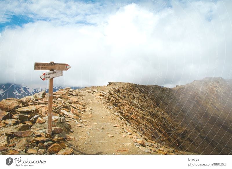 tightrope walk Vacation & Travel Hiking Sky Clouds Fog Rock Alps Mountain Peak Mountain ridge Lanes & trails Footpath Road marking Arrow Signs and labeling