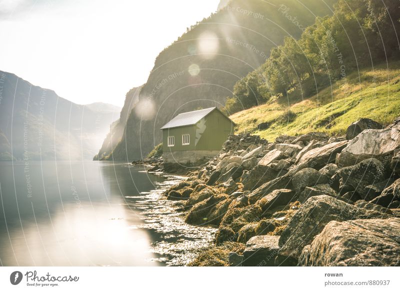 boathouse Forest Hill Rock Mountain Coast River bank Bay Fjord House (Residential Structure) Manmade structures Warmth Idyll Relaxation Nature Sun Sunbeam