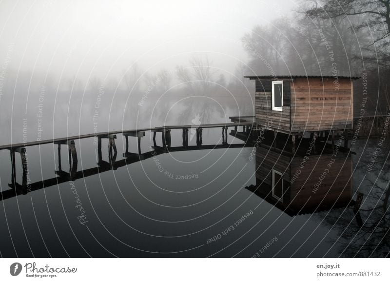 silent Harmonious Relaxation Calm Meditation Fishing (Angle) Autumn Bad weather Fog Lakeside Hut Footbridge Brown Black White Sadness Grief Loneliness