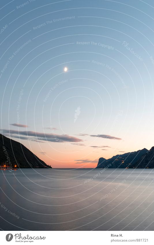 Moon over Lake Garda Sky Summer Beautiful weather Mountain Calm Meran 2014 Light Dusk Colour photo Deserted Copy Space top Copy Space bottom Copy Space middle