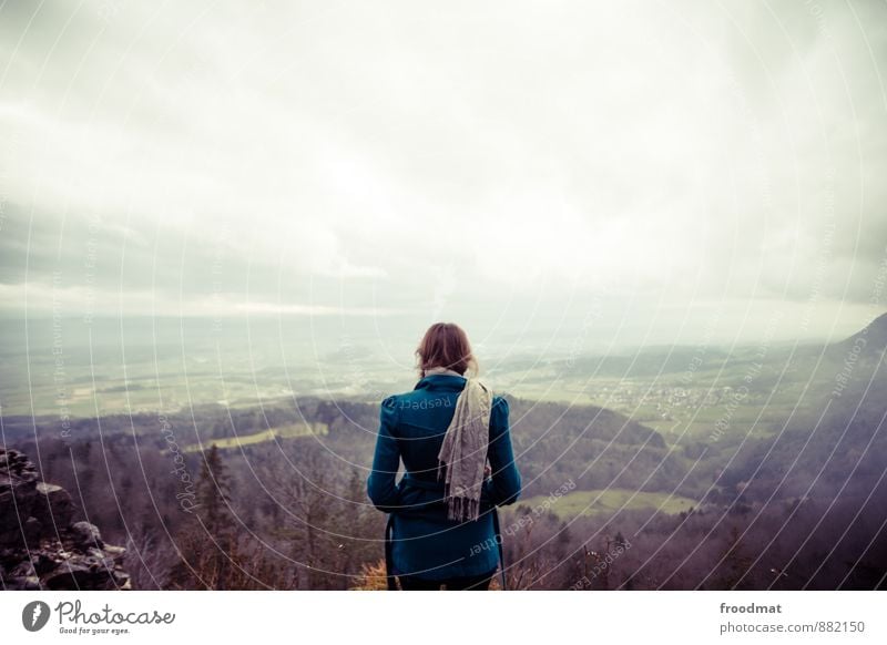 retrospect Human being Feminine Young woman Youth (Young adults) Woman Adults 1 Nature Landscape Sky Autumn Bad weather Hill Alps Mountain Scarf Blonde