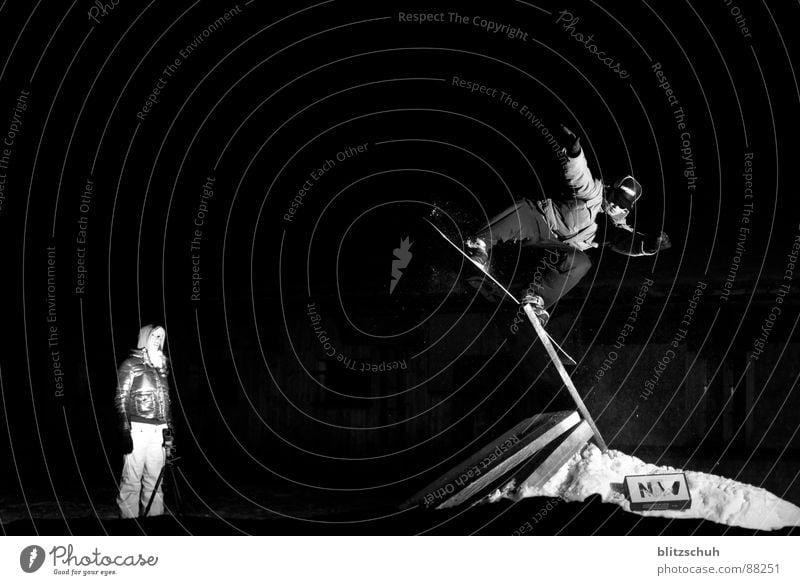 Night Session Meiringen Hasliberg Snowboard Snowboarding Style Switzerland Black & white photo Sports Playing Winter session fabi Night shot Posture Balance